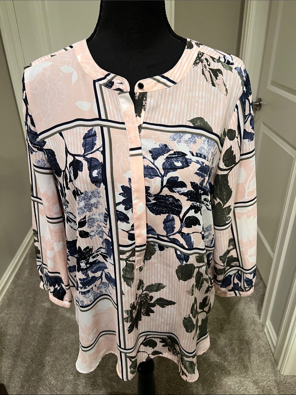 JM Collection Pale Pink Floral Grid Henley Tunic with Navy and Green Motifs